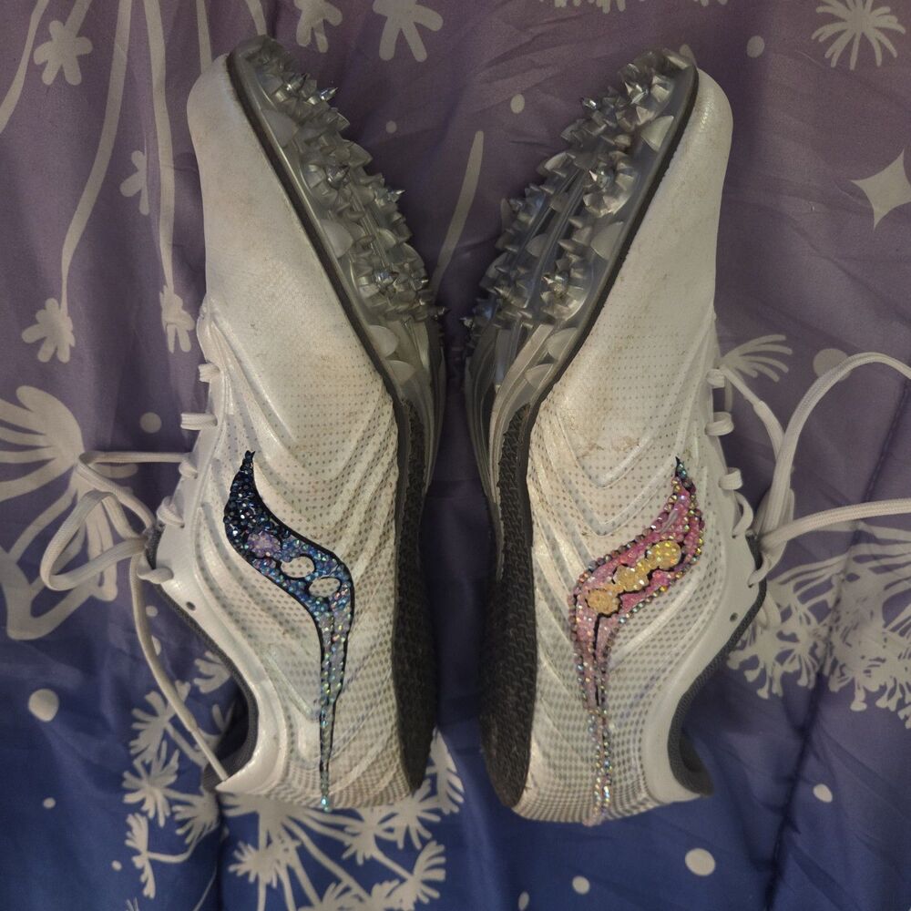 Saucony Spitfire 5 Track Spikes Men’s 8 White Carbon Custom Rhinestone Shoes